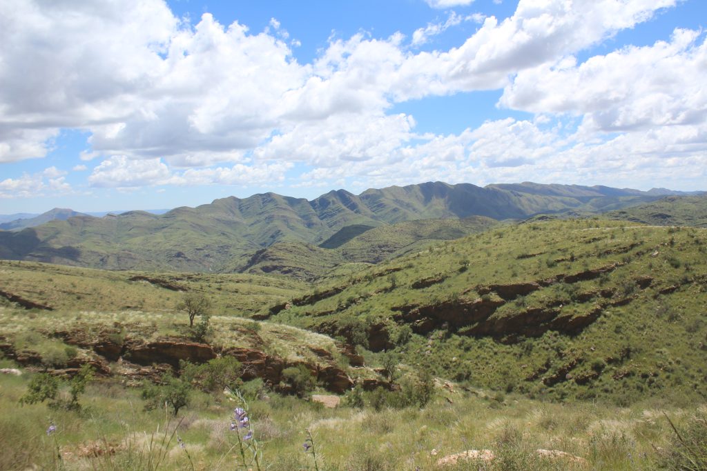 Lush green mountains and dramatic clouds during Namibia's green season